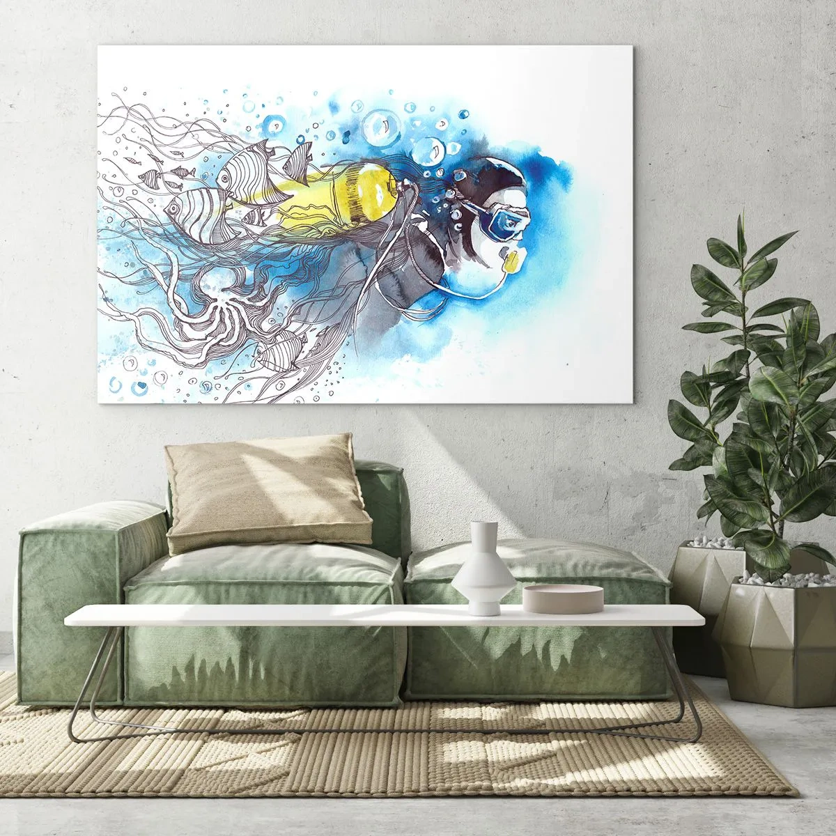 Tablou pe sticlă - Scafandru sub apă cu pești în acuarelă artistică - 70x50cm - Marele albastru - Decorațiune modernă pentru perete pentru living și dormitor ARTTOR