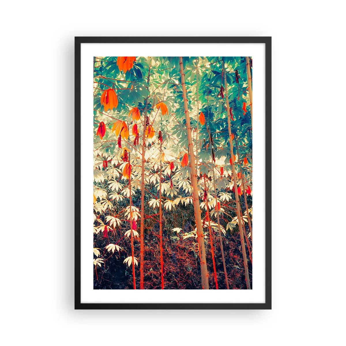 Poster în ramă neagră - O pădure tropicală colorată, dominată de roșu și verde - 50x70cm - Viața secretă a frunzelor - Decorațiune modernă pentru perete pentru living și dormitor ARTTOR