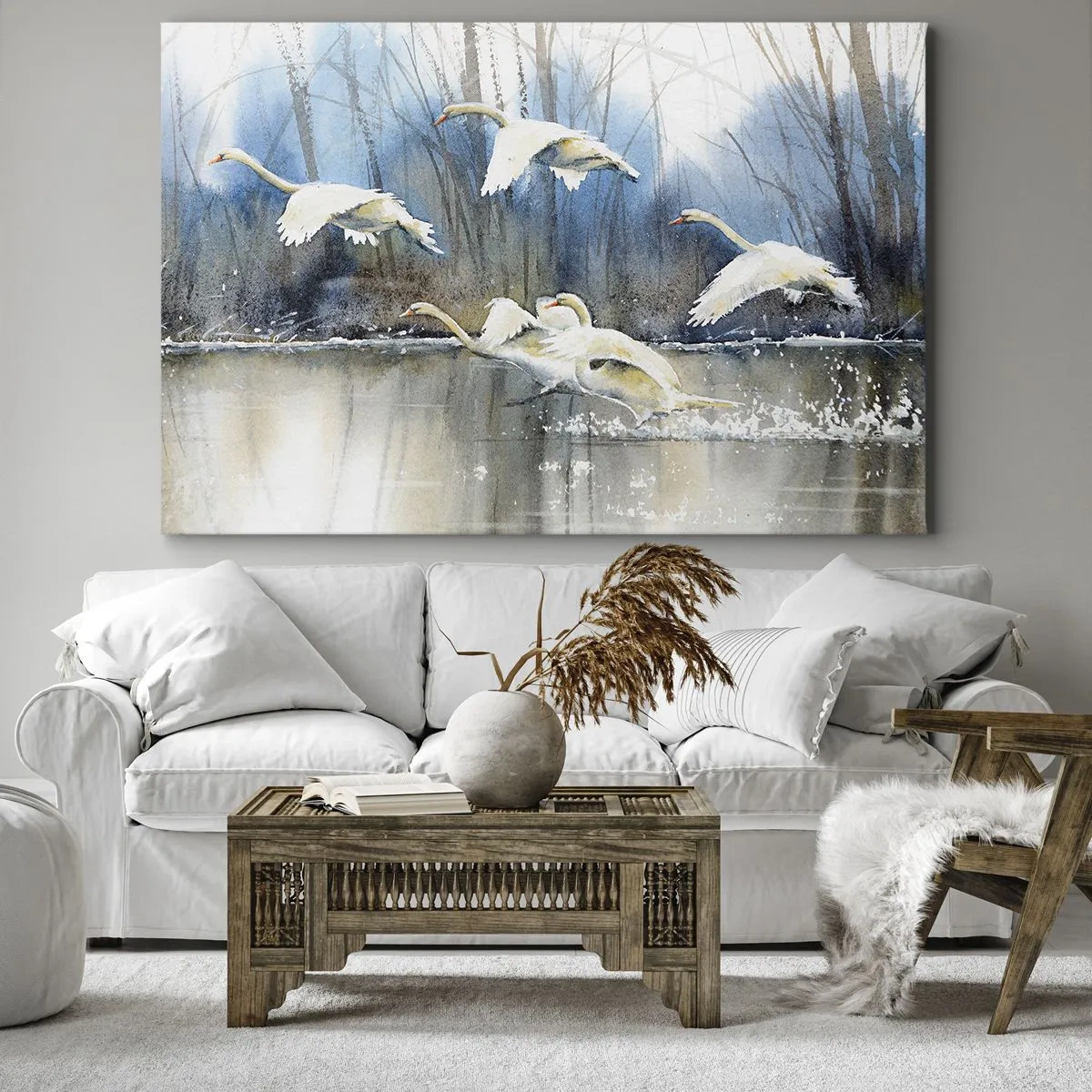 Tablou pe pânză Canvas - Lebede în zbor peste un lac înghețat într-un peisaj de iarnă - 70x50cm - Dansând cu lebedele sălbatice - Decorațiune modernă pentru perete pentru living și dormitor ARTTOR