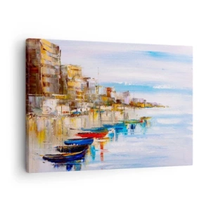 Tablou pe pânză Canvas - Bărci colorate pe țărm, cu vedere la orizontul orașului - 70x50cm - Port urban multicolor - Decorațiune modernă pentru perete pentru living și dormitor ARTTOR