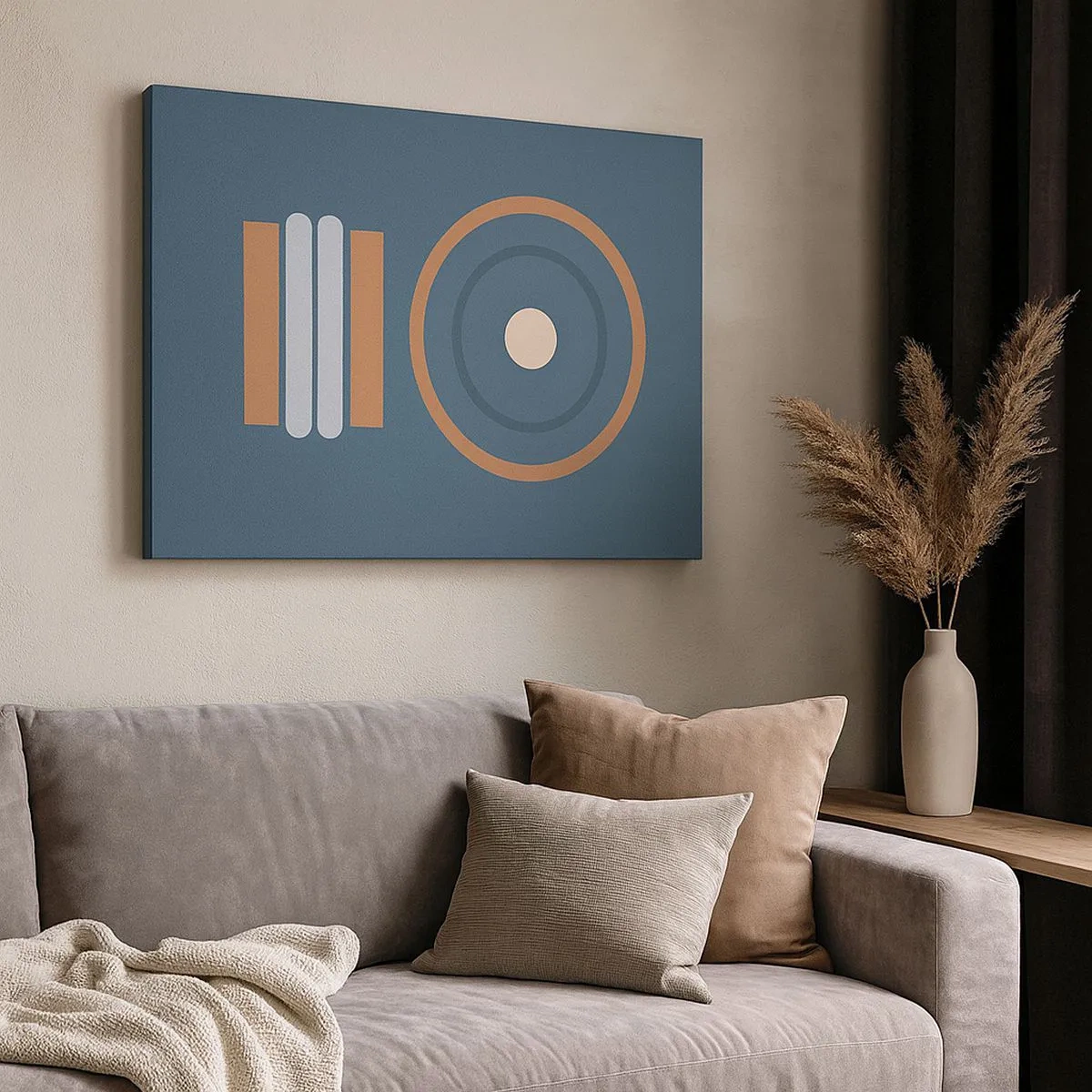 Tablou pe pânză Canvas - O compoziție geometrică cu cercuri și dreptunghiuri în culori discrete. - 70x50cm - Esența problemei - Decorațiune modernă pentru perete pentru living și dormitor ARTTOR