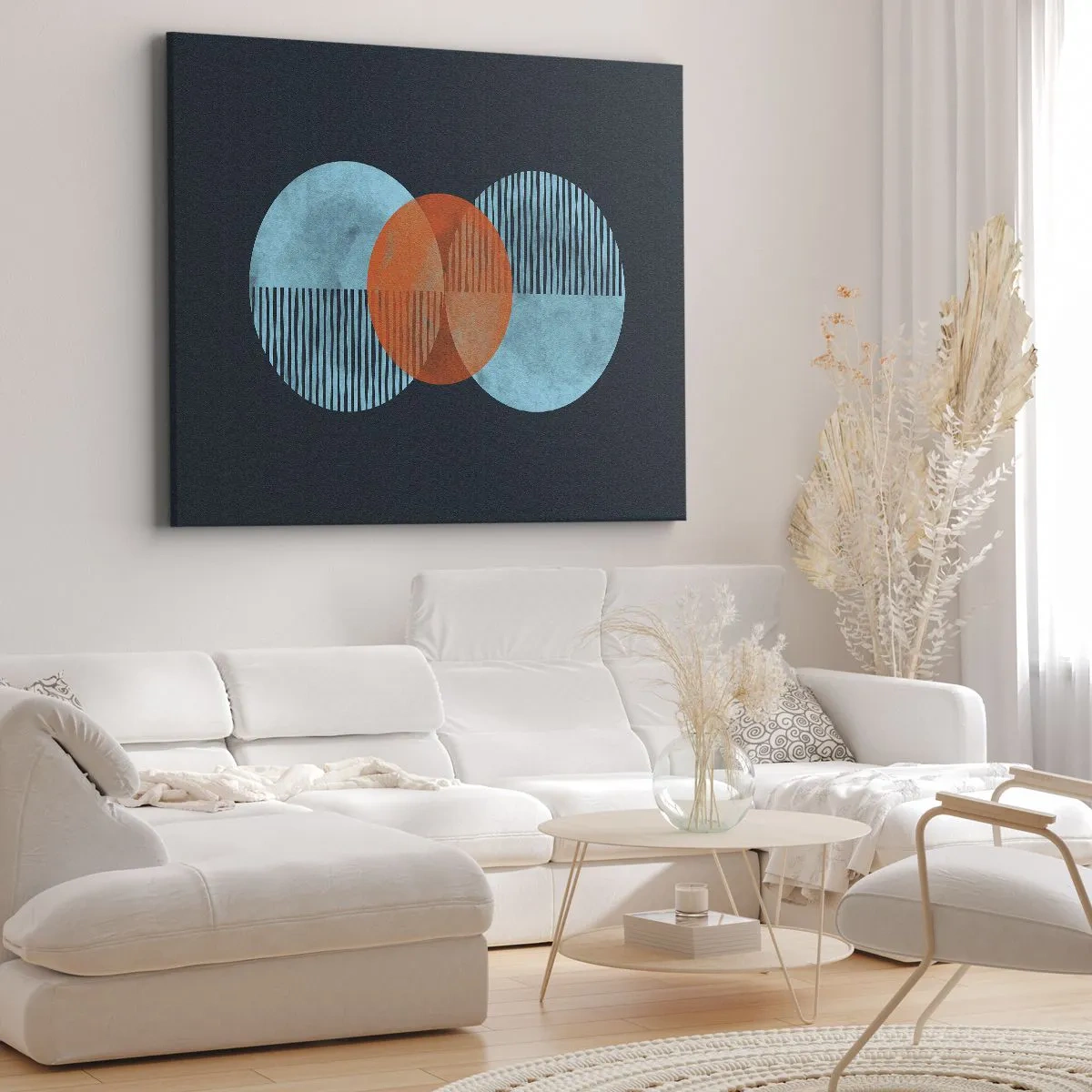 Tablou pe pânză Canvas - Cercuri geometrice în nuanțe de albastru și portocaliu - 70x50cm - Compoziție simetrică - Decorațiune modernă pentru perete pentru living și dormitor ARTTOR