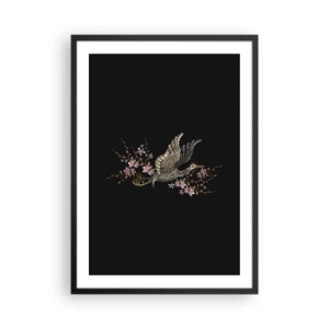 Poster în ramă neagră - O macara înconjurată de ramuri înflorite pe un fundal negru - 50x70cm - Pasăre exotică brodată - Decorațiune modernă pentru perete pentru living și dormitor ARTTOR