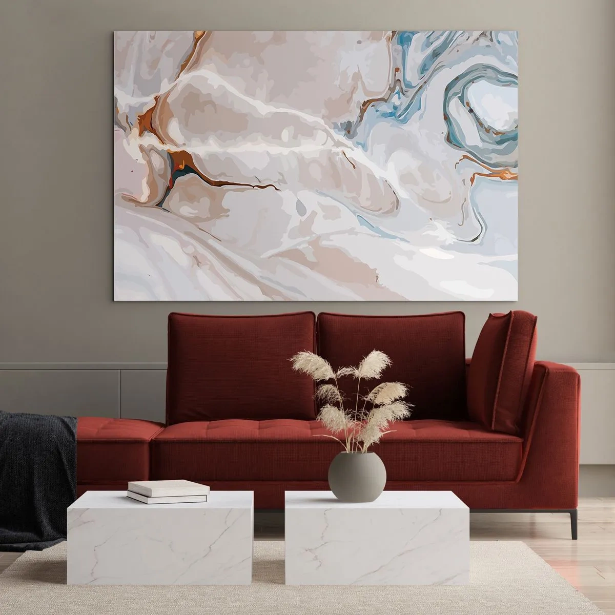 Tablou pe sticlă - Model artistic în tonuri neutre cu accente de albastru - 70x50cm - Meandre albastre sub alb - Decorațiune modernă pentru perete pentru living și dormitor ARTTOR