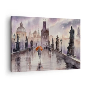 Tablou pe pânză Canvas - Vedere romantică a unui pod cu o umbrelă pe fundalul unui oraș de seară - 70x50cm - Oamenii nu se schimbă - Decorațiune modernă pentru perete pentru living și dormitor ARTTOR