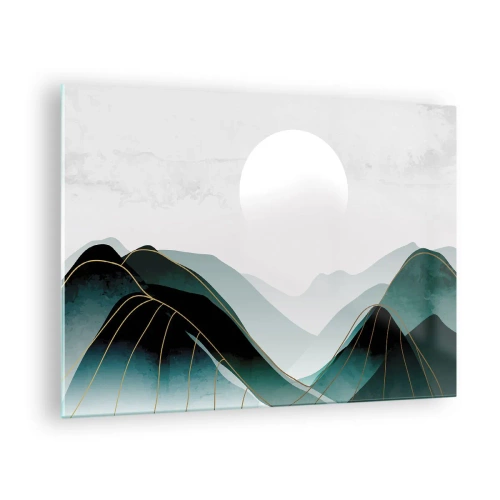 Tablou pe sticlă - Peisaj montan cu soare alb și linii aurii - 70x50cm - Măreție deplină - Decorațiune modernă pentru perete pentru living și dormitor ARTTOR