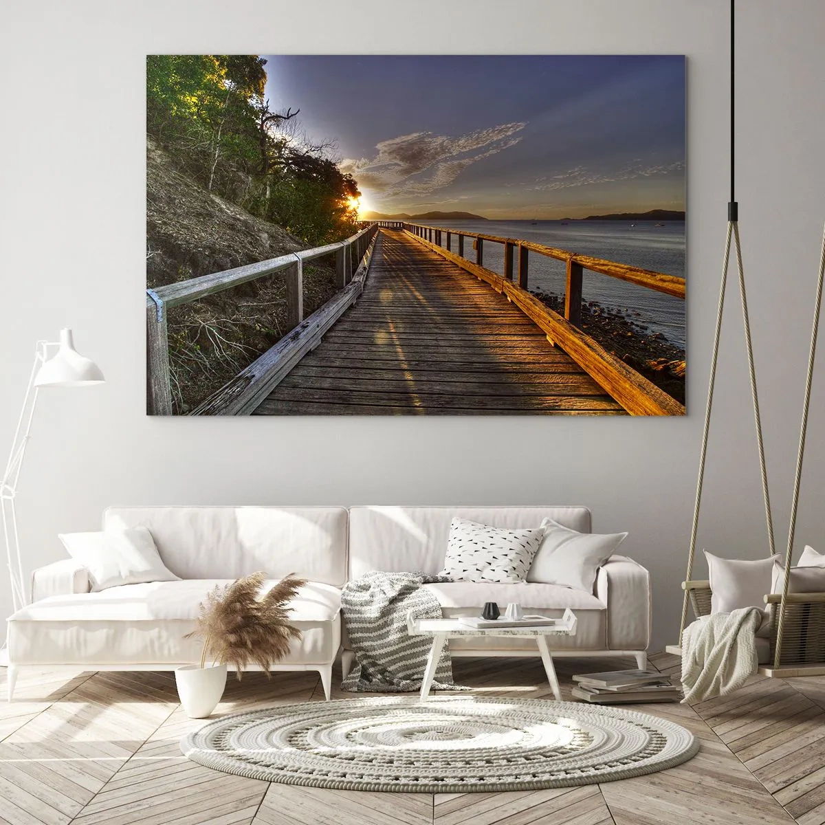 Tablou pe sticlă - Pasarelă de lemn la apus - 70x50cm - Să mergem spre soare - Decorațiune modernă pentru perete pentru living și dormitor ARTTOR