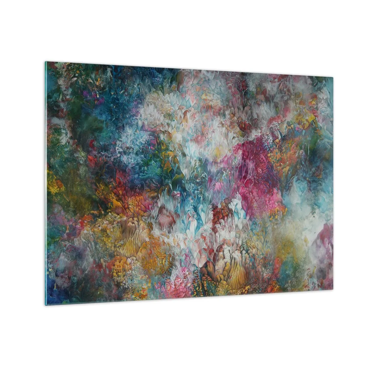 Tablou pe sticlă - O compoziție abstractă de flori colorate în culori intense. - 70x50cm - În plină înflorire - Decorațiune modernă pentru perete pentru living și dormitor ARTTOR