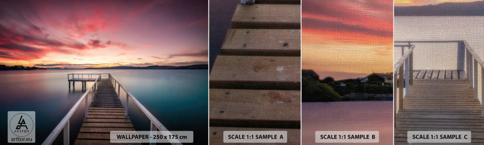 Mostră tapet Premium Canvas - Flacăra blândă a serii - Peisaj, Apus de soare, Pier din lemn - 100x30 cm