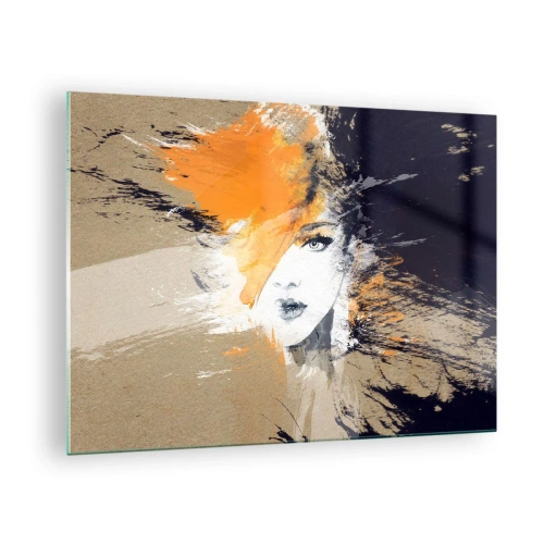 Tablou pe sticlă - Portret abstract al unei femei cu accente portocalii - 70x50cm - Și se face lumină - Decorațiune modernă pentru perete pentru living și dormitor ARTTOR