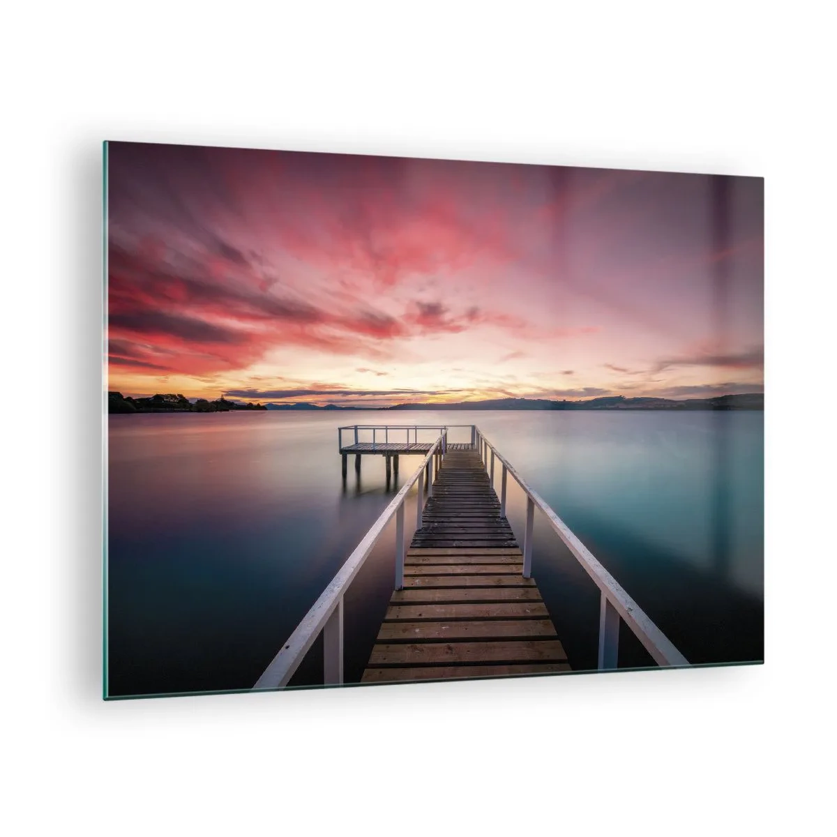 Tablou pe sticlă - Dig pe malul lacului la apus cu un cer roz - 70x50cm - Flacăra blândă a serii - Decorațiune modernă pentru perete pentru living și dormitor ARTTOR