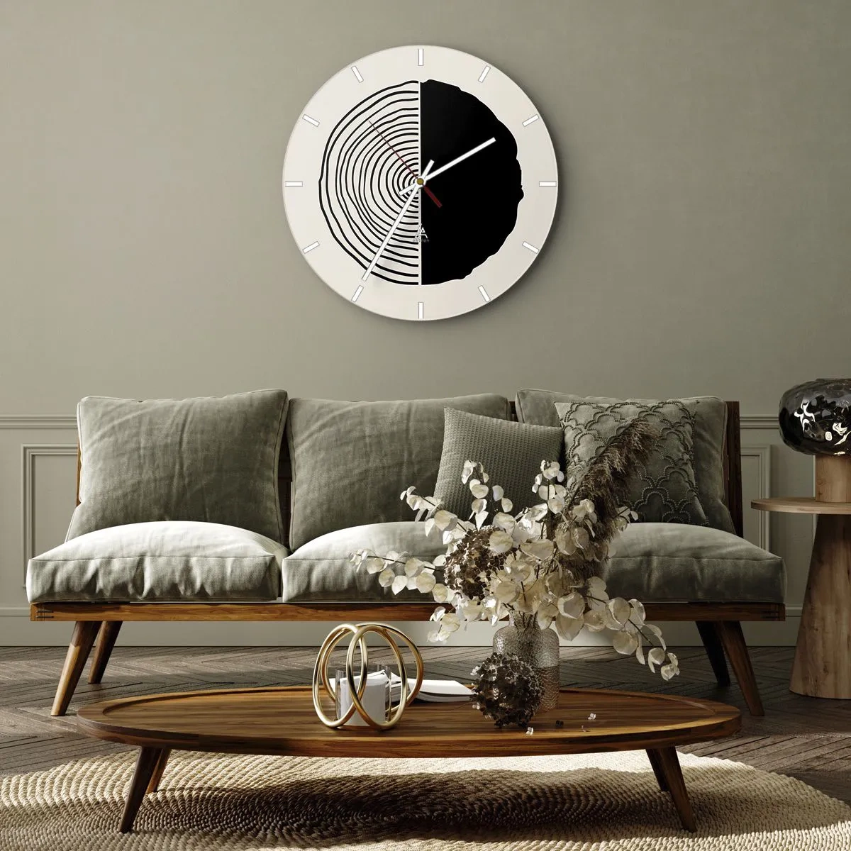 Ceas de perete - Ceas pe sticlă - Un motiv minimalist al unei secțiuni transversale a trunchiului în culori contrastante - 30x30cm - Jumi-juma - Decorațiune modernă pentru perete pentru living, bucătărie și dormitor ARTTOR