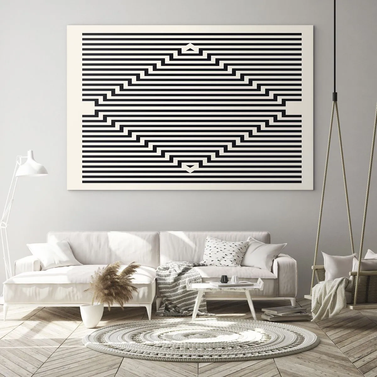 Tablou pe sticlă - Un model fascinant de linii albe și negre creează o iluzie - 70x50cm - Iluzie geometrică - Decorațiune modernă pentru perete pentru living și dormitor ARTTOR