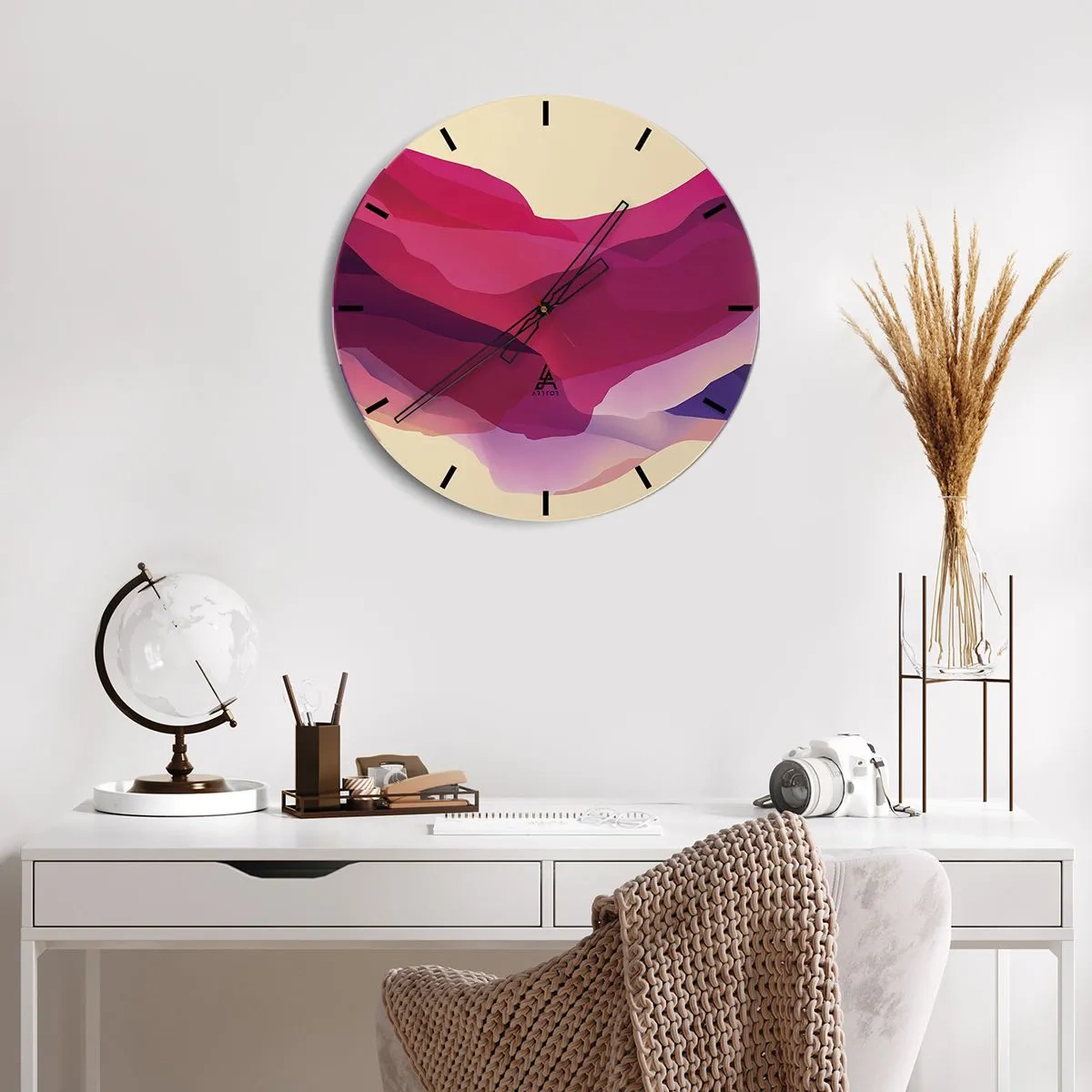 Ceas de perete - Ceas pe sticlă - Model abstract în nuanțe de roz și violet - 30x30cm - Valuri de violet - Decorațiune modernă pentru perete pentru living, bucătărie și dormitor ARTTOR