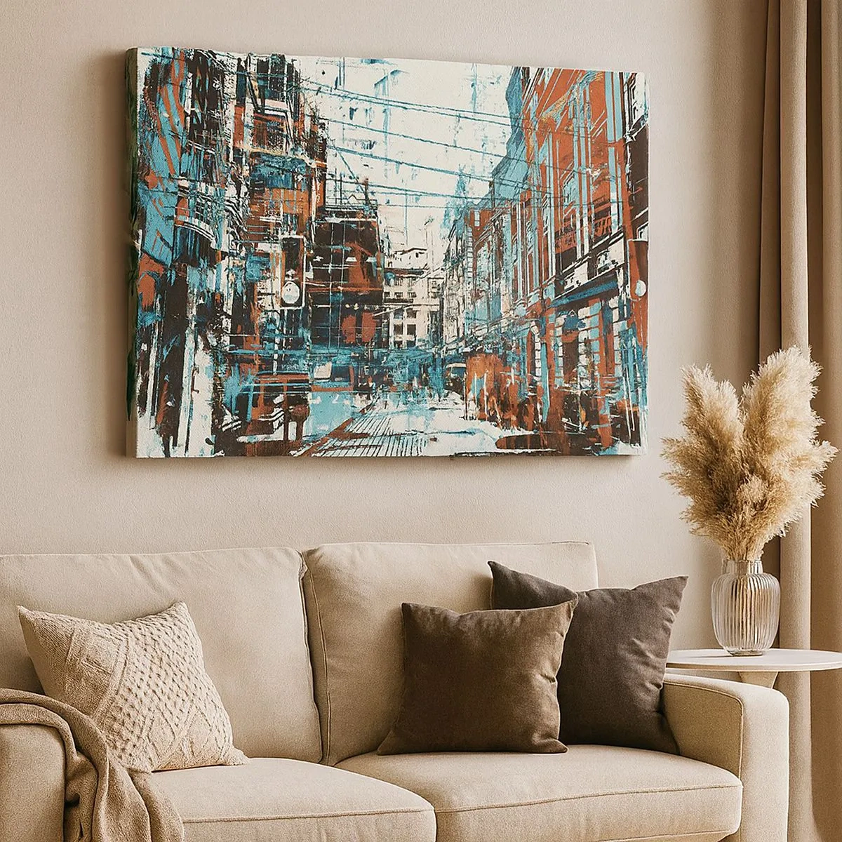 Tablou pe pânză Canvas - Un peisaj urban în nuanțe de albastru și portocaliu - 70x50cm - Un traseu printr-un oraș binecunoscut - Decorațiune modernă pentru perete pentru living și dormitor ARTTOR