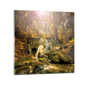 Tablou pe sticlă - Cascada de pădure în verde - 30x30 cm