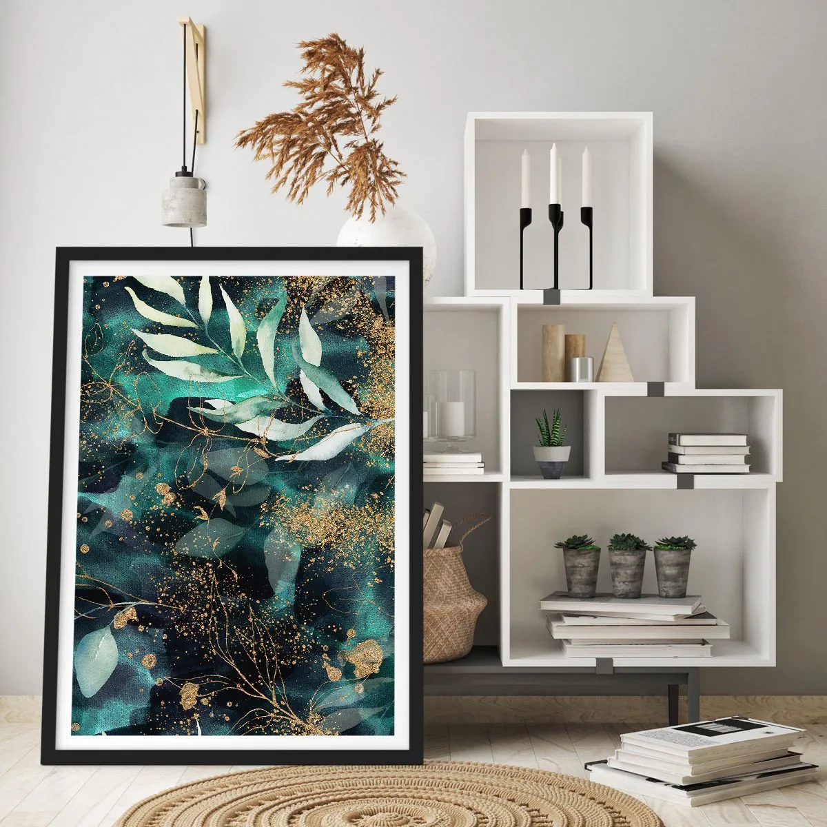 Poster în ramă neagră - Frunze verzi și accente aurii pe un fundal închis - 50x70cm - Grădina fermecată - Decorațiune modernă pentru perete pentru living și dormitor ARTTOR
