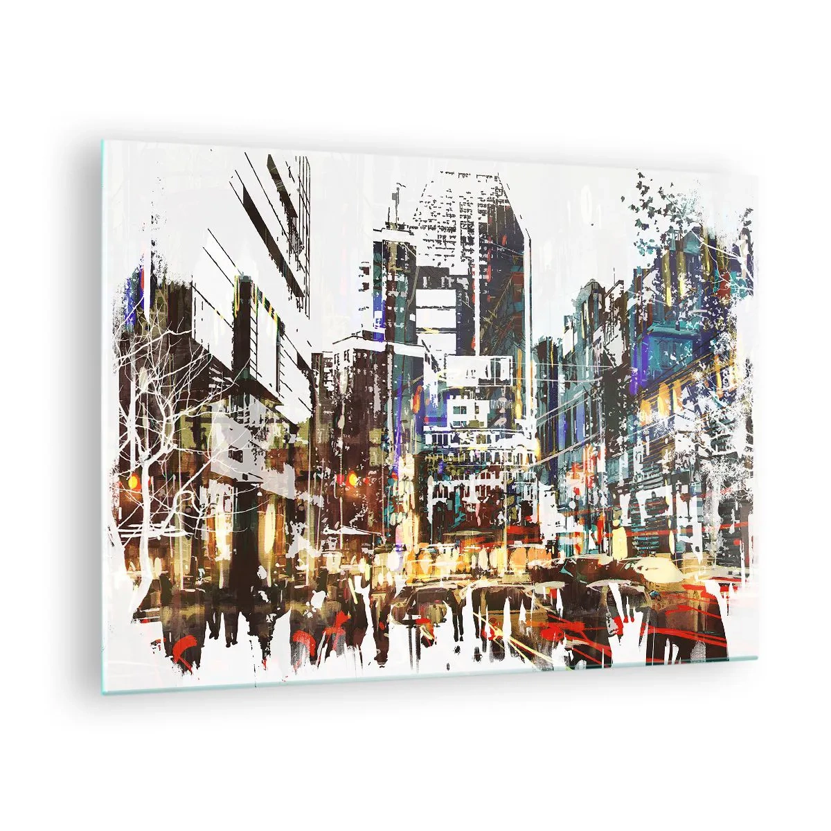 Tablou pe sticlă - Lumini colorate ale orașului într-un stil artistic, sclipitor - 70x50cm - Orașul pâlpâind - Decorațiune modernă pentru perete pentru living și dormitor ARTTOR