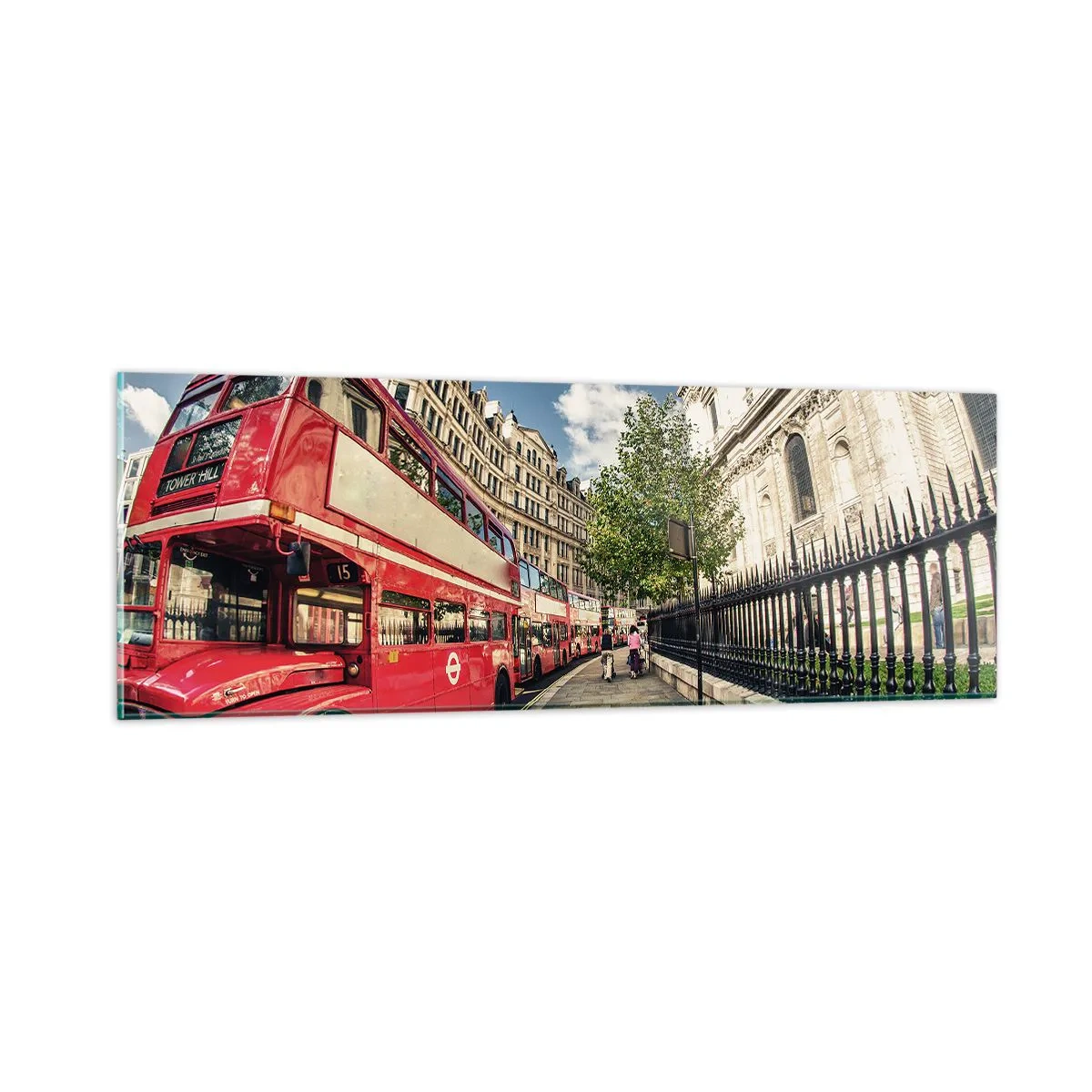 Tablou pe sticlă - Stradă din Londra în gri și roșu - 90x30 cm