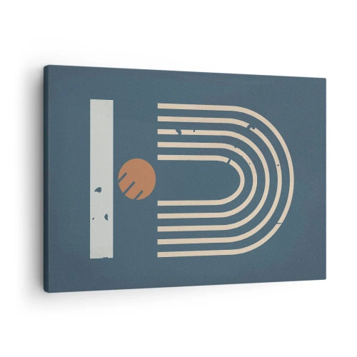 Tablou pe pânză Canvas - Model geometric în nuanțe de bleumarin, bej și portocaliu pe un fundal închis - 70x50cm - Geometrie în funcție de rodie - Decorațiune modernă pentru perete pentru living și dormitor ARTTOR