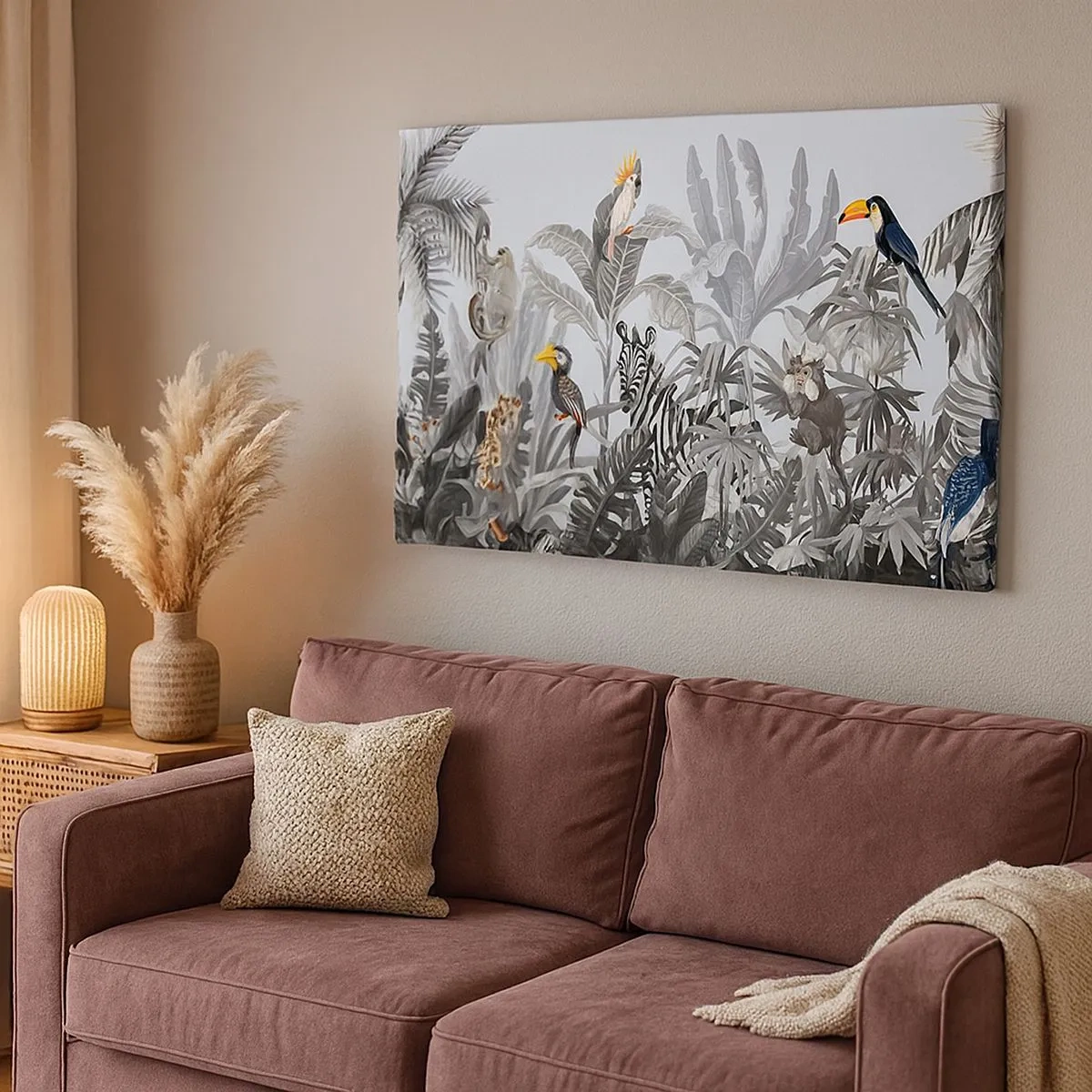Tablou pe pânză Canvas - Junglă tropicală cu animale exotice pe fundal gri - 70x50cm - O fabulă africană - Decorațiune modernă pentru perete pentru living și dormitor ARTTOR