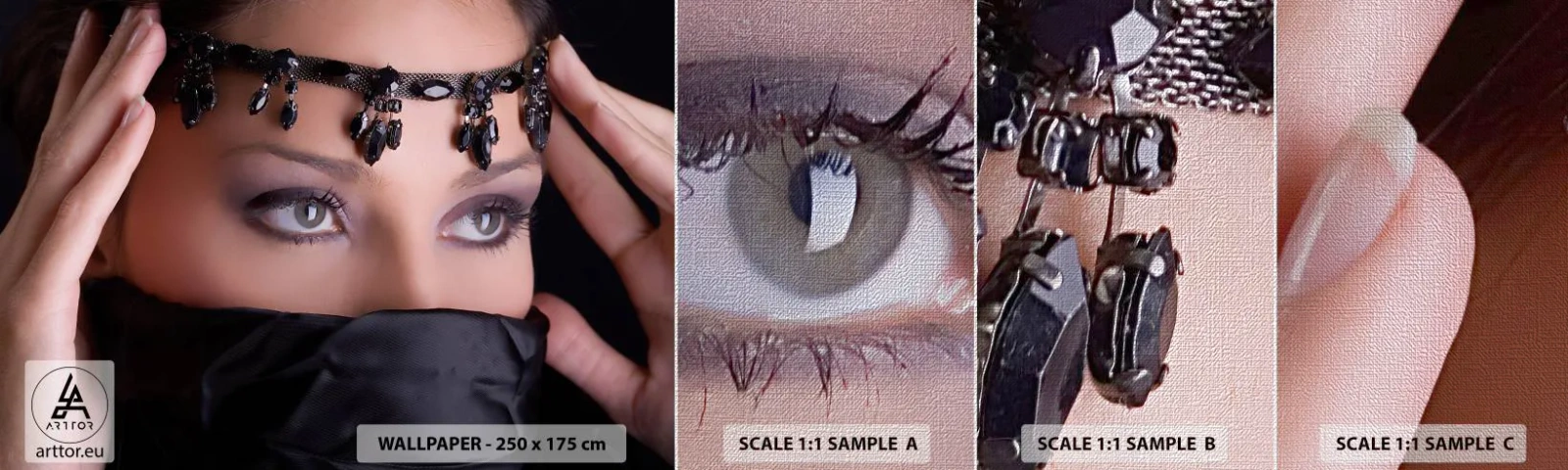 Mostră tapet Premium Canvas - Mister oriental ispititor - Femeie, Ochi, Cultură - 100x30 cm