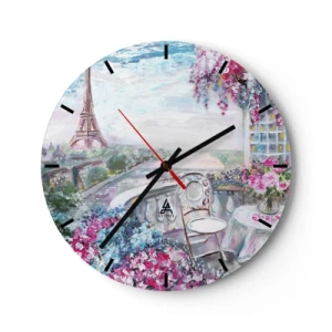 Ceas de perete - Ceas pe sticlă - Vedere pitorească a Turnului Eiffel de pe terasa plină de flori - 30x30cm - Este cel mai frumos aici în luna mai - Decorațiune modernă pentru perete pentru living, bucătărie și dormitor ARTTOR