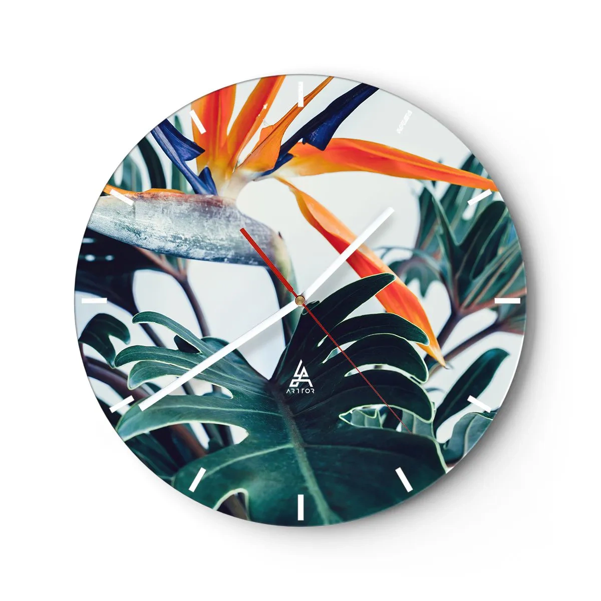 Ceas de perete - Ceas pe sticlă - Frunze tropicale și o floare de strelitzia pe un fundal deschis - 30x30cm - Tufiș sau pasăre? - Decorațiune modernă pentru perete pentru living, bucătărie și dormitor ARTTOR
