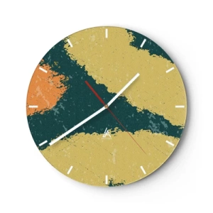 Ceas de perete - Ceas pe sticlă - Pete artistice în nuanțe de verde, bej și portocaliu - 30x30cm - Abstracție - în slow motion - Decorațiune modernă pentru perete pentru living, bucătărie și dormitor ARTTOR