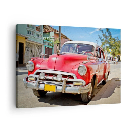 Tablou pe pânză Canvas - O mașină clasică roșie parcată pe stradă într-o zi însorită - 70x50cm - Doar în Cuba - Decorațiune modernă pentru perete pentru living și dormitor ARTTOR