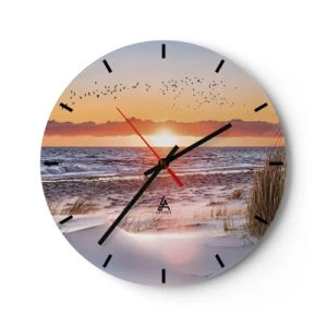 Ceas de perete - Ceas pe sticlă - Apus de soare peste mare cu păsări și nisip în prim-plan - 30x30cm - Peisaj orizontal - Decorațiune modernă pentru perete pentru living, bucătărie și dormitor ARTTOR