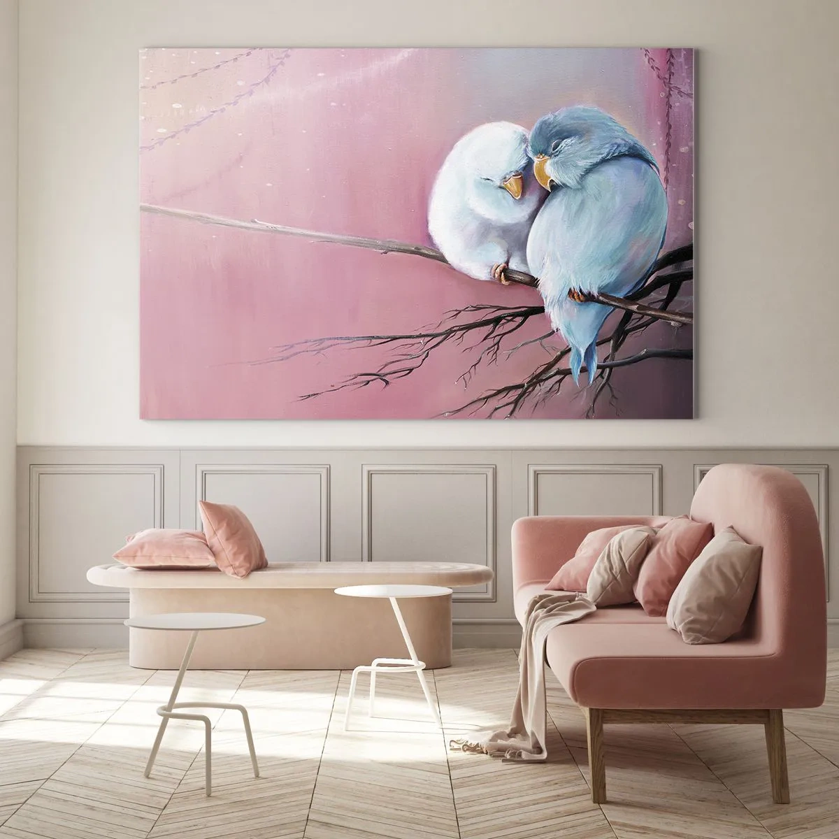 Tablou pe sticlă - Două porumbei îndrăgostiți așezați pe o creangă pe un fundal roz - 70x50cm - Ce mai este de adăugat?... - Decorațiune modernă pentru perete pentru living și dormitor ARTTOR