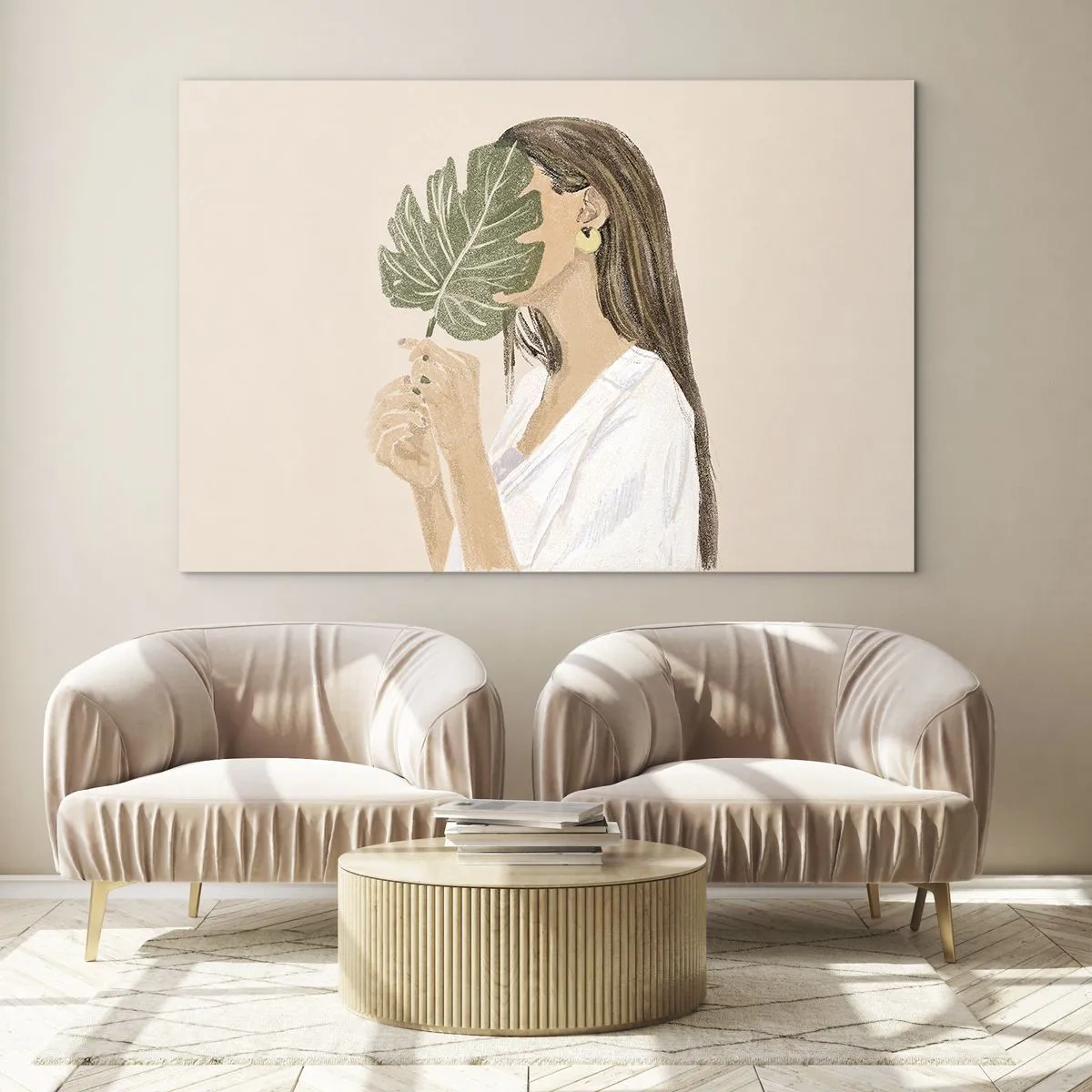 Tablou pe sticlă - femeie cu părul lung ține o frunză în fața feței. - 70x50cm - Portret misterios cu un evantai - Decorațiune modernă pentru perete pentru living și dormitor ARTTOR