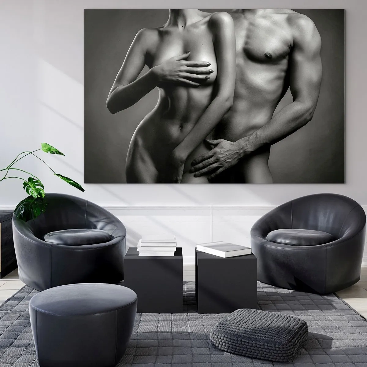 Tablou pe sticlă - Compoziție alb-negru cu siluete goale ale unui cuplu - 70x50cm - Adam și Eva - Decorațiune modernă pentru perete pentru living și dormitor ARTTOR