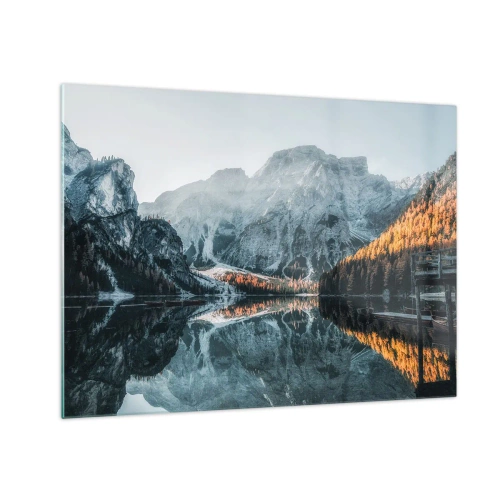 Tablou pe sticlă - Un peisaj montan reflectat în suprafața calmă a lacului - 70x50cm - Peisaj în oglindă - Decorațiune modernă pentru perete pentru living și dormitor ARTTOR