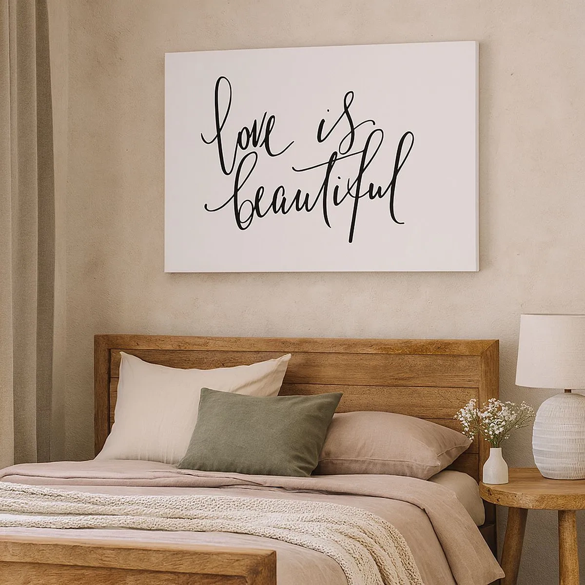 Tablou pe pânză Canvas - Inscripția neagră „dragostea e frumoasă” pe fundal alb - 70x50cm - Citiți și repetați - Decorațiune modernă pentru perete pentru living și dormitor ARTTOR