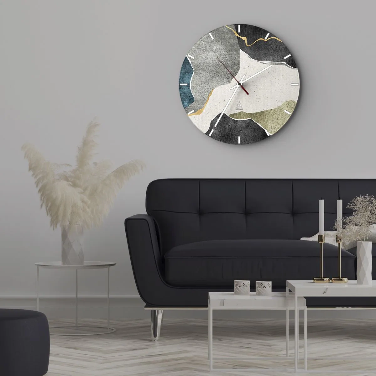 Ceas de perete - Ceas pe sticlă - Compoziție mozaic cu fir de aur - 40x40 cm