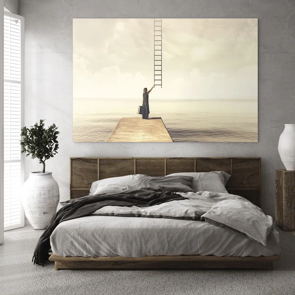 Tablou pe sticlă - Femeie pe un dig cu o scară care duce spre rai - 70x50cm - O călătorie conceptuală - Decorațiune modernă pentru perete pentru living și dormitor ARTTOR