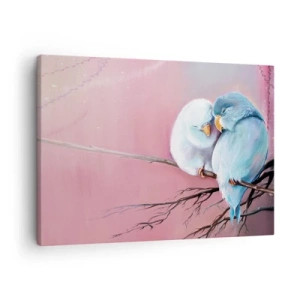 Tablou pe pânză Canvas - Două păsări îndrăgostite pe o ramură pe un fundal roz - 70x50cm - Ce mai este de adăugat?... - Decorațiune modernă pentru perete pentru living și dormitor ARTTOR