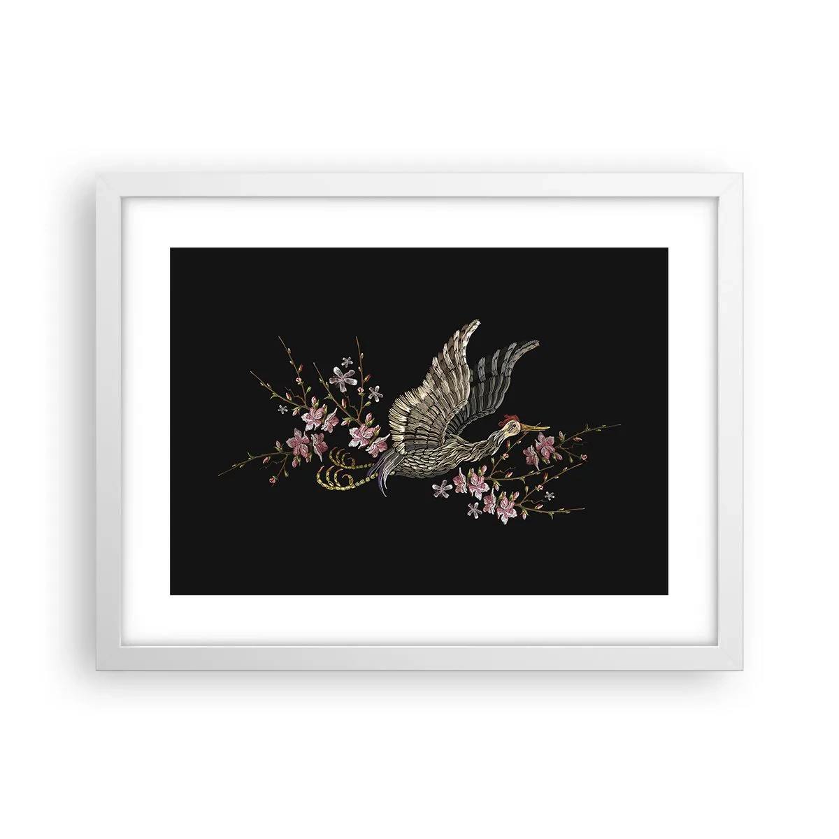 Poster în ramă albă - Pasăre exotică brodată - 40x30 cm