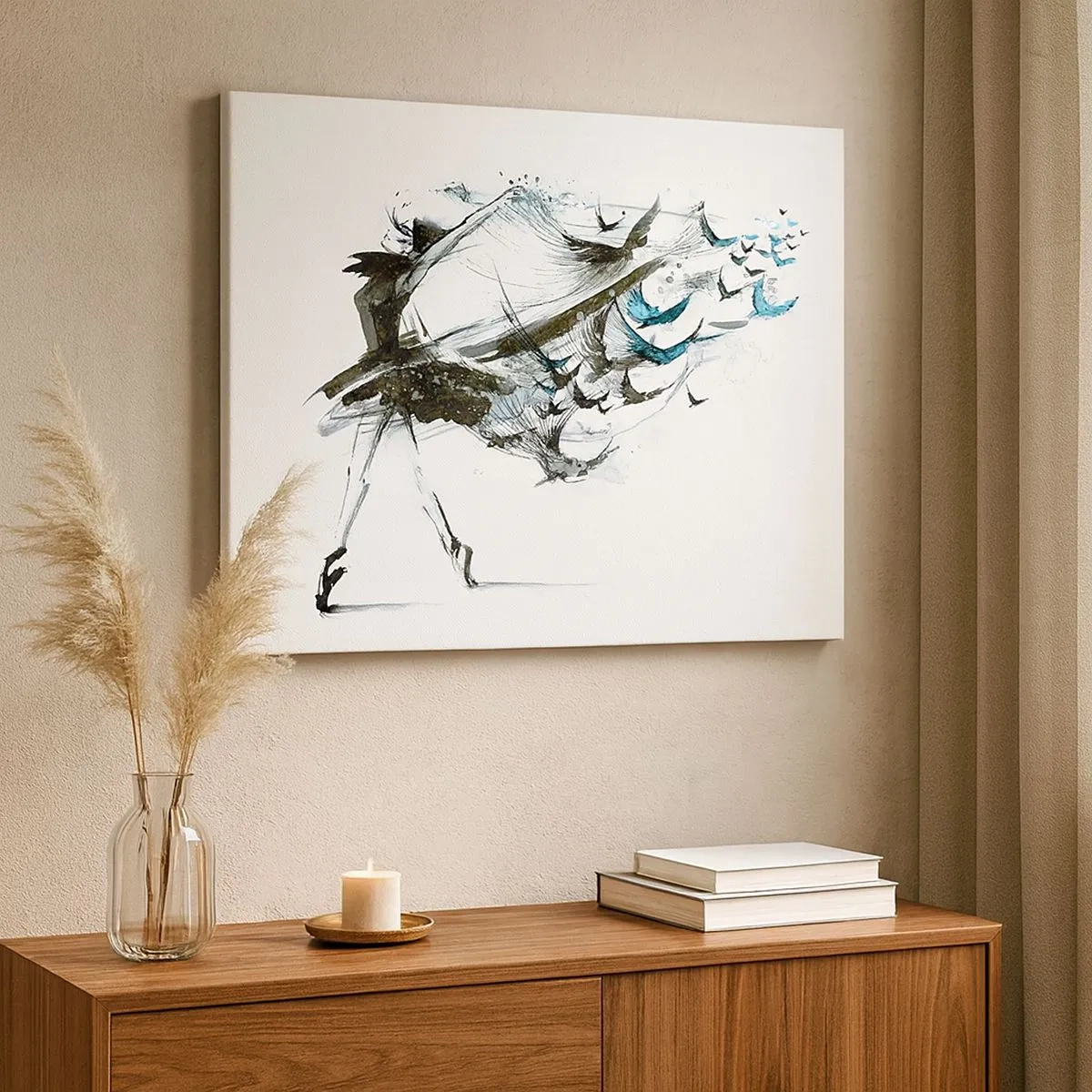 Tablou pe pânză Canvas - O dansatoare cu o rochie dinamică în formă de păsări - 70x50cm - Magia muzicii te eliberează - Decorațiune modernă pentru perete pentru living și dormitor ARTTOR