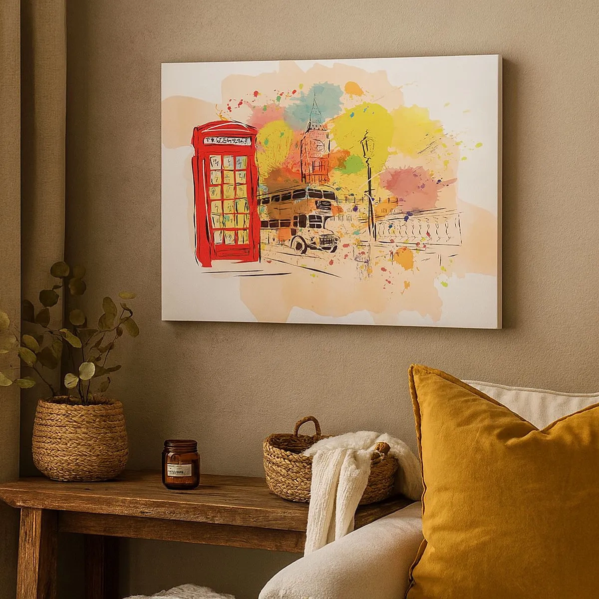 Tablou pe pânză Canvas - Temă londoneză cu autobuz roșu și cabină - 70x50cm - Orașul varietăților - Decorațiune modernă pentru perete pentru living și dormitor ARTTOR