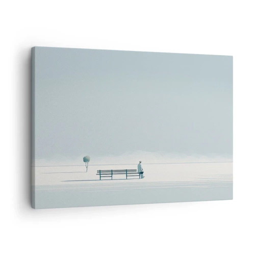 Tablou pe pânză Canvas - O persoană așezată pe o bancă într-un peisaj minimalist - 70x50cm - Da, aștept. - Decorațiune modernă pentru perete pentru living și dormitor ARTTOR