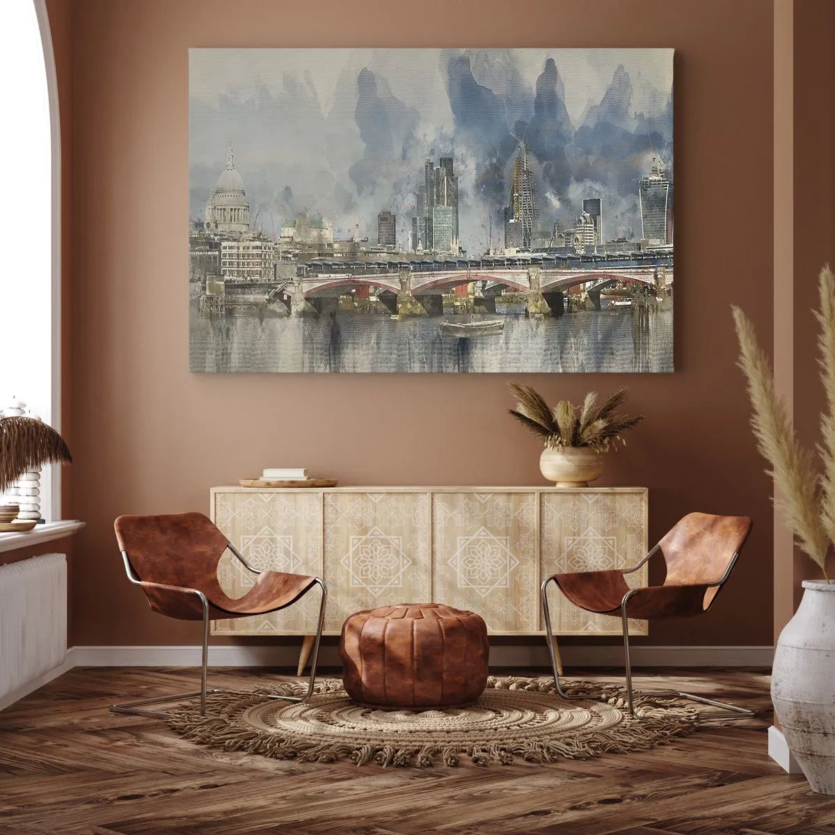 Tablou pe pânză Canvas - Vedere în acuarelă a podului și a orizontului orașului - 70x50cm - Londra în toată splendoarea ei - Decorațiune modernă pentru perete pentru living și dormitor ARTTOR
