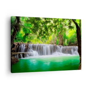 Tablou pe pânză Canvas - O cascadă verde înconjurată de vegetație tropicală densă - 70x50cm - Cascada verde - Decorațiune modernă pentru perete pentru living și dormitor ARTTOR