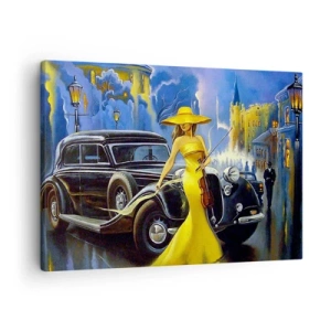 Tablou pe pânză Canvas - O femeie într-o rochie galbenă cu o vioară lângă o mașină retro. - 70x50cm - Nocturne pentru vioară și dragoste - Decorațiune modernă pentru perete pentru living și dormitor ARTTOR