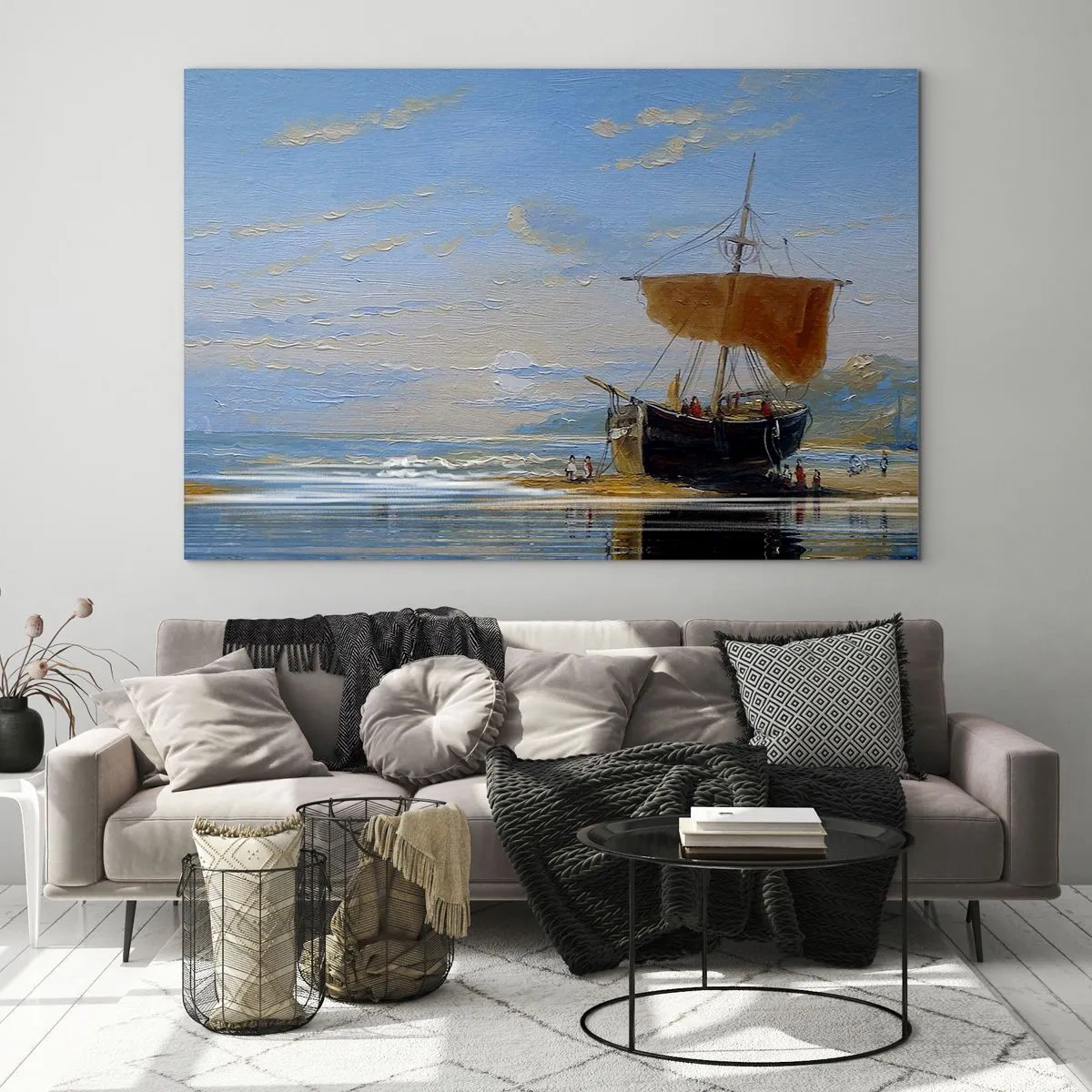 Tablou pe sticlă - O navă cu o velă lângă țărm într-un stil pictural - 70x50cm - Apă, pământ, aer - Decorațiune modernă pentru perete pentru living și dormitor ARTTOR