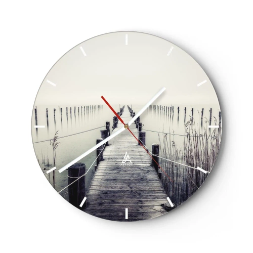 Ceas de perete - Ceas pe sticlă - Un debarcader din lemn într-un peisaj cețos deasupra apei - 30x30cm - Scufundă-te în pace - Decorațiune modernă pentru perete pentru living, bucătărie și dormitor ARTTOR