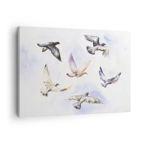 Tablou pe pânză Canvas - Păsări în acuarelă în zbor pe un cer delicat - 70x50cm - Libertatea în gri și albastru - Decorațiune modernă pentru perete pentru living și dormitor ARTTOR