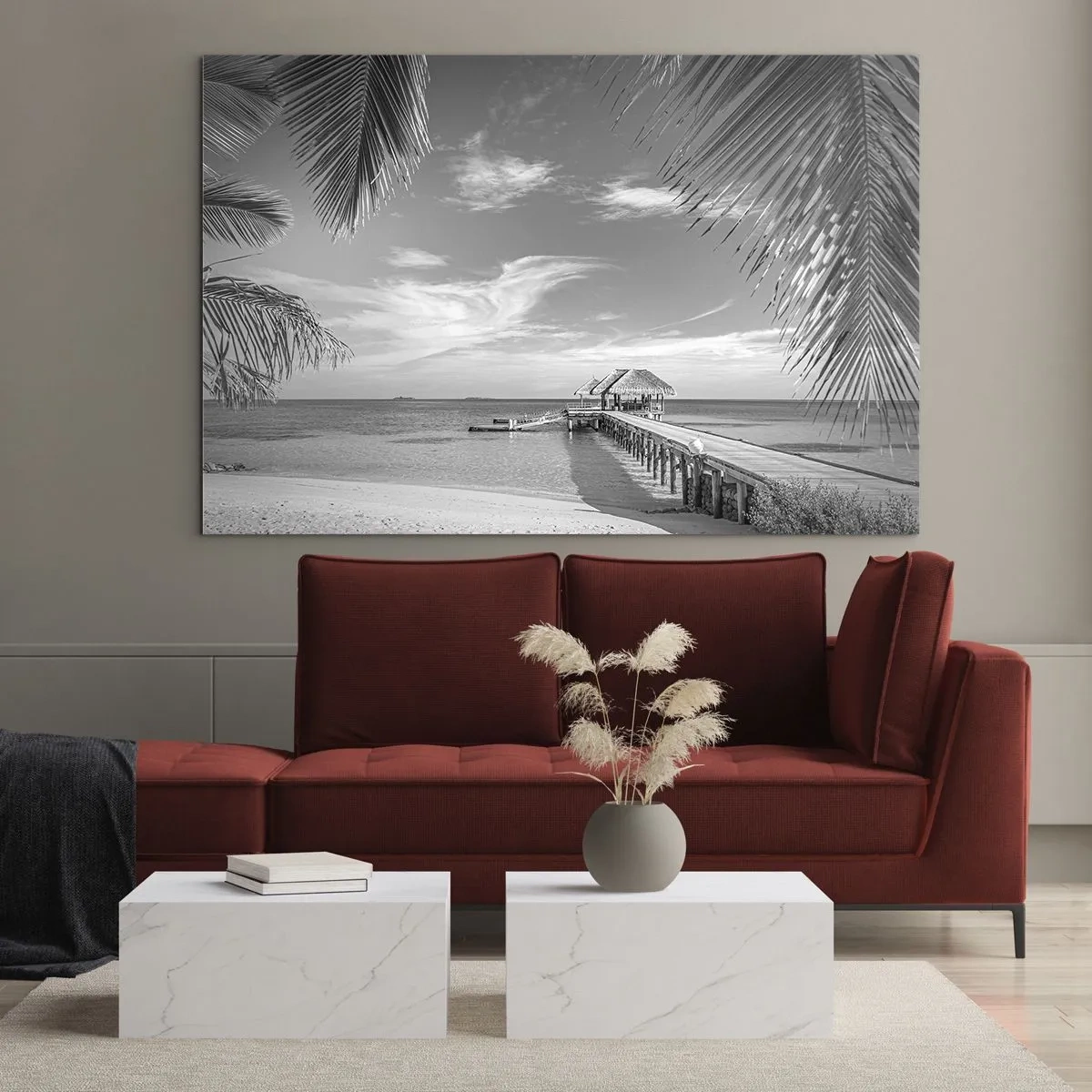 Tablou pe sticlă - Fotografie alb-negru a unei plaje tropicale cu un dig - 70x50cm - O amintire sau un vis? - Decorațiune modernă pentru perete pentru living și dormitor ARTTOR